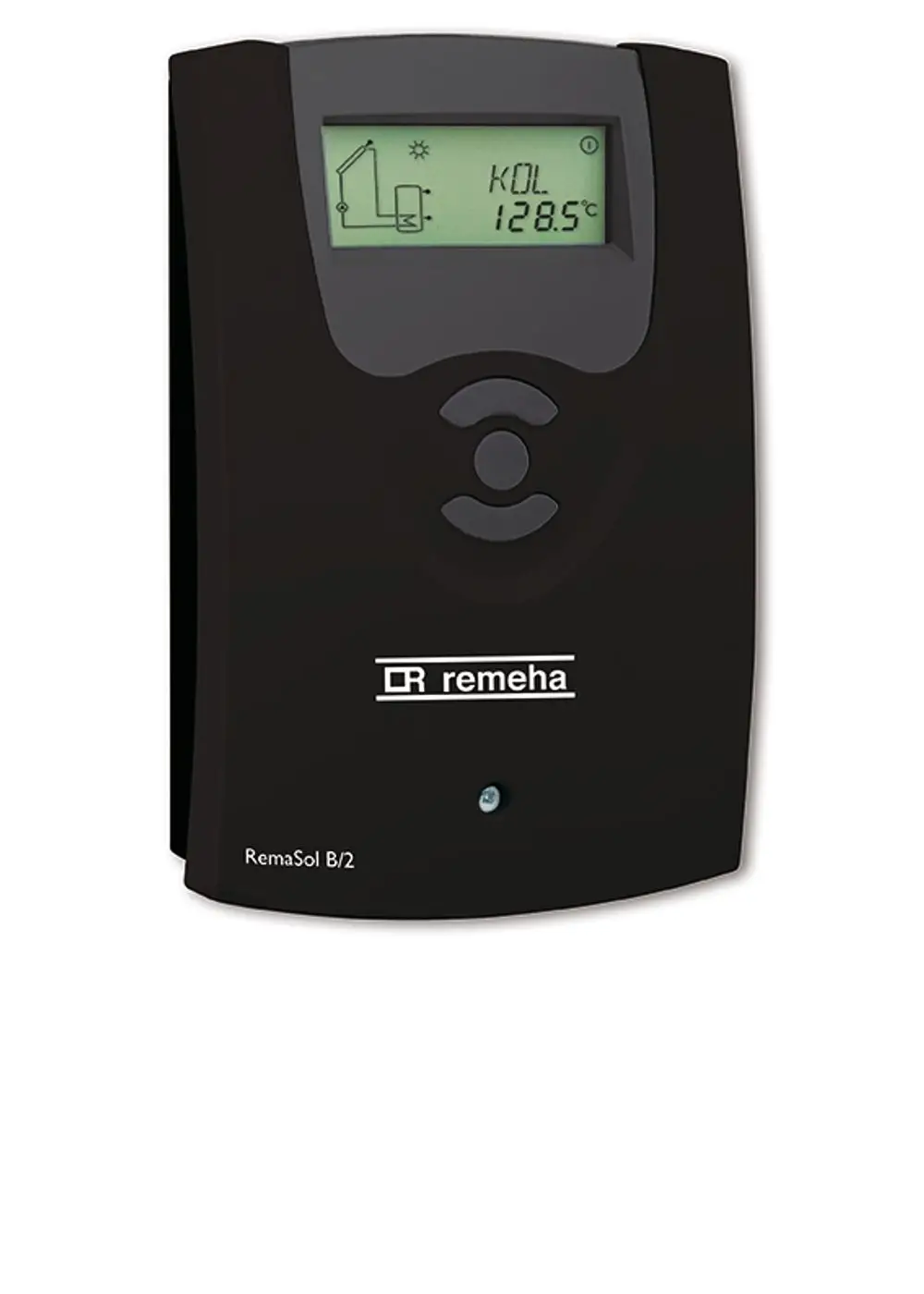 Solarregelung in schwarzem Gehäuse mit Display, steuert interne Wärmetauscher für Solaranlagen, hergestellt von Remeha.